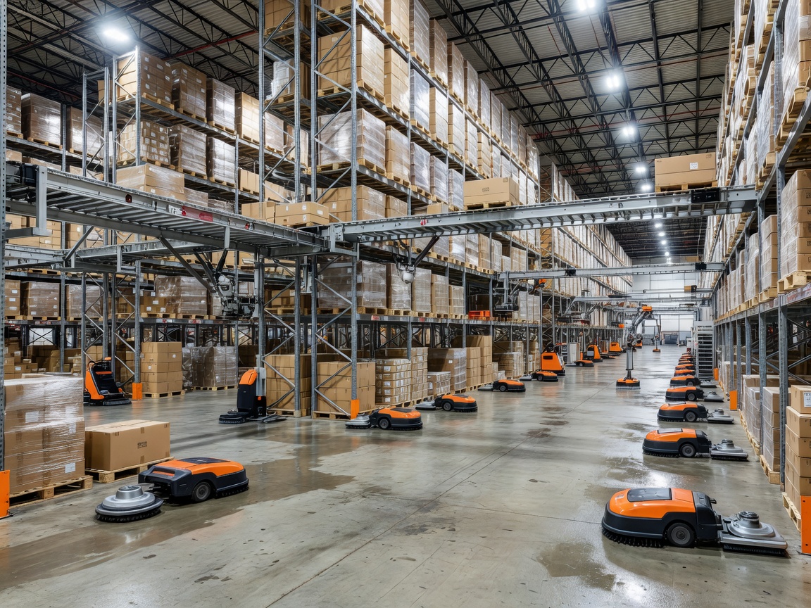 Large scale industrial logistics distribution center and automated warehouse scrubbing