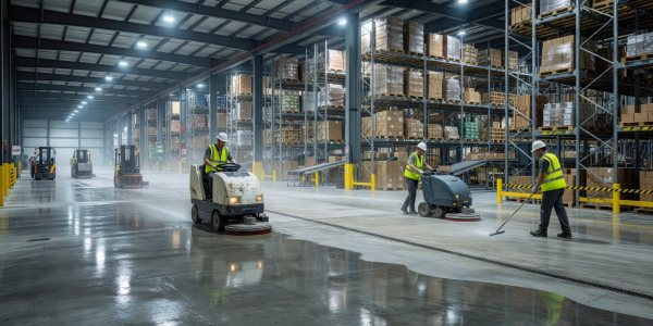 Spacious industrial warehouse and logistics distribution hub floor maintenance