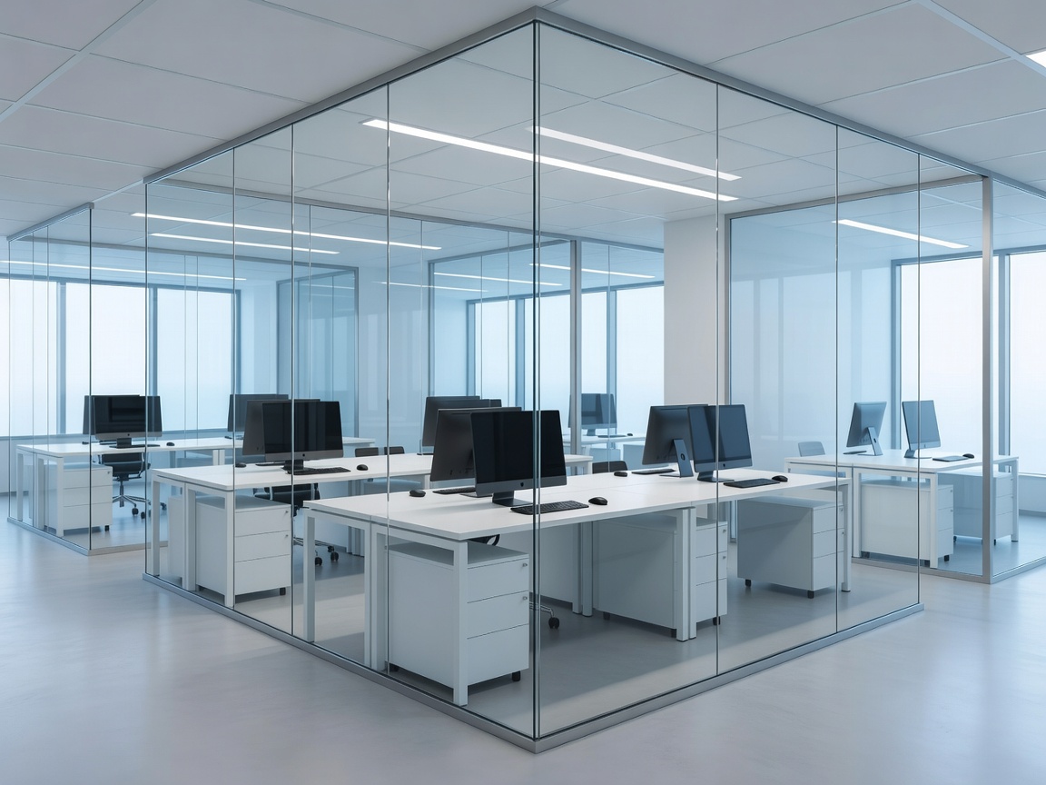 Spotless corporate office workspace with sanitized desks and spotless glass partitions