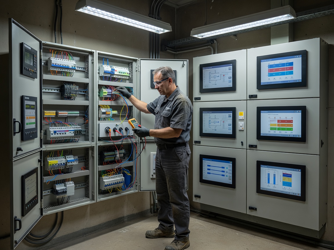 Technical maintenance engineer checking HVAC electrical controls and building management panels