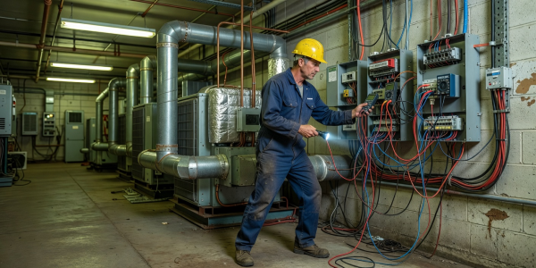 Technical maintenance technician inspecting electrical and HVAC infrastructure